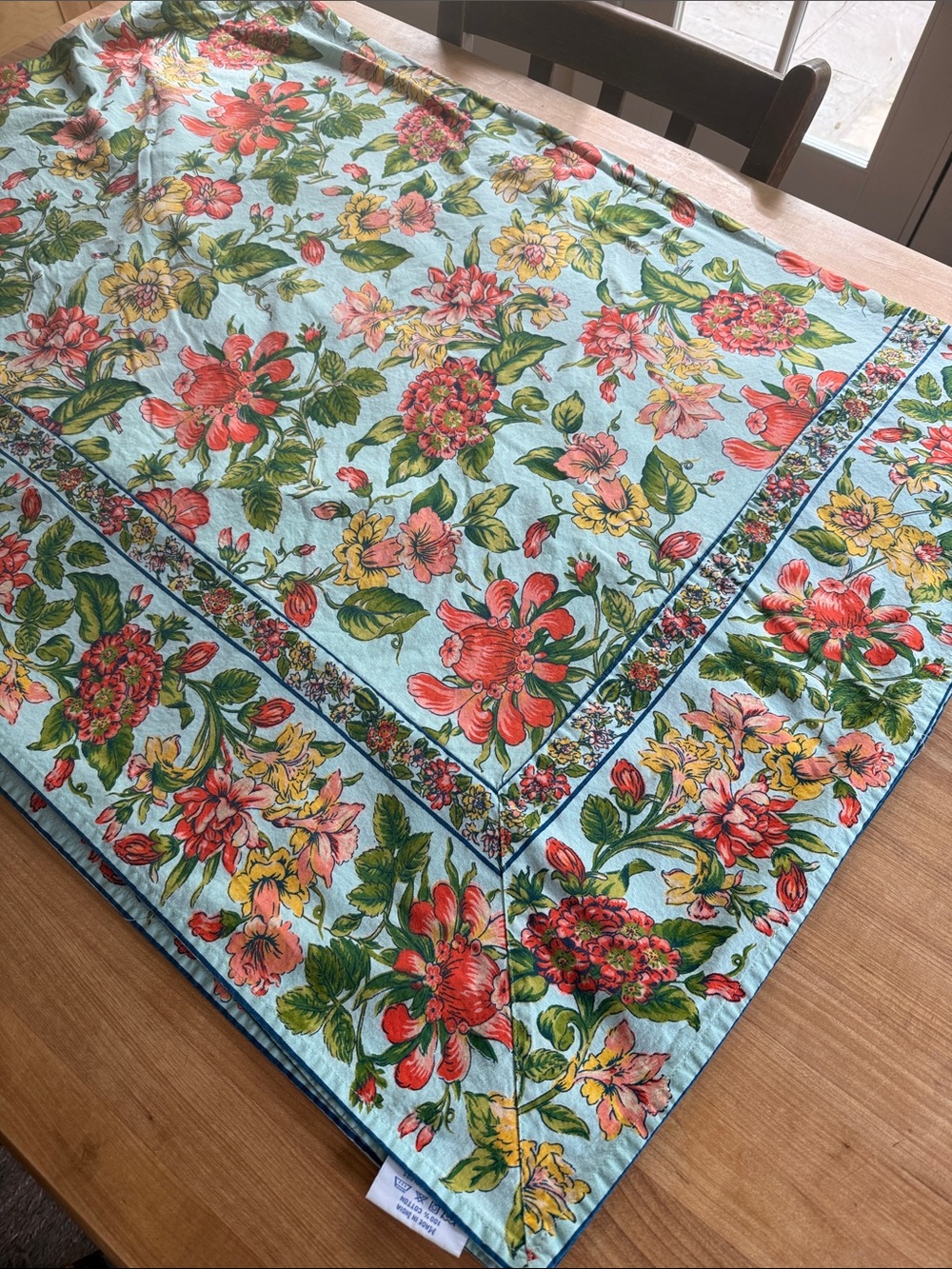 April Cornell Aqua Tablecloth with Coral, Yellow and Green Floral Print
